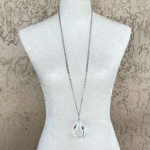 Lane Bryant Silver Tone Necklace Glass Art Deco Dangle Pendant Blingy Pear Shape